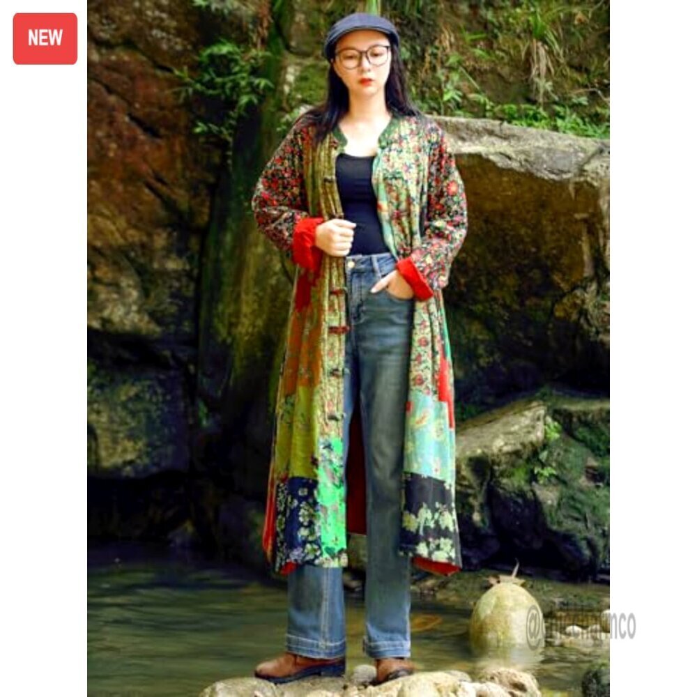 Women's Patchwork Trench Coat Cotton Linen Duster Boho Cottagecore - Picture 2 of 7